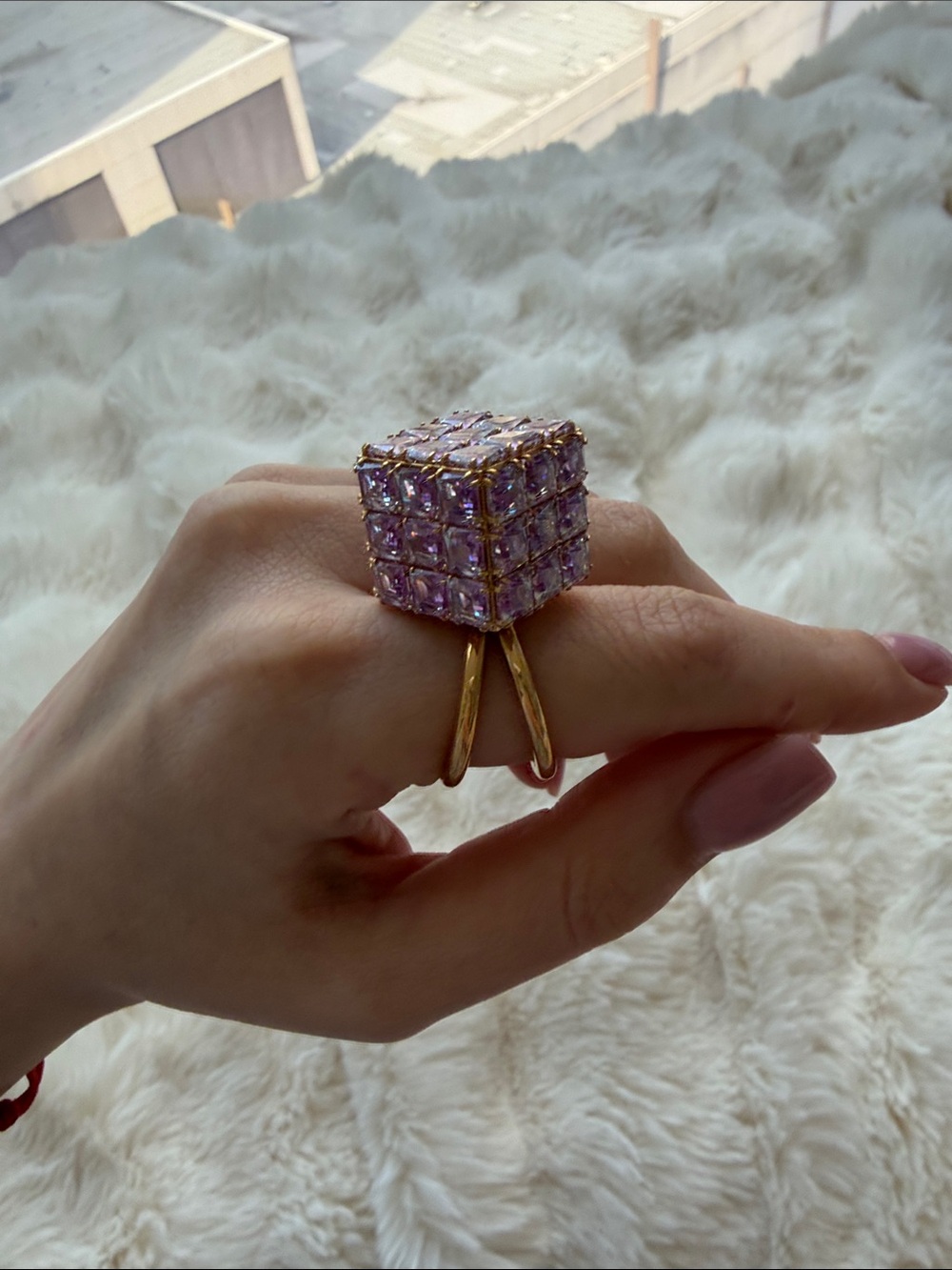 Swarovski size 9 Gold-Tone Ring with Lavender Cubic-Stone Cube